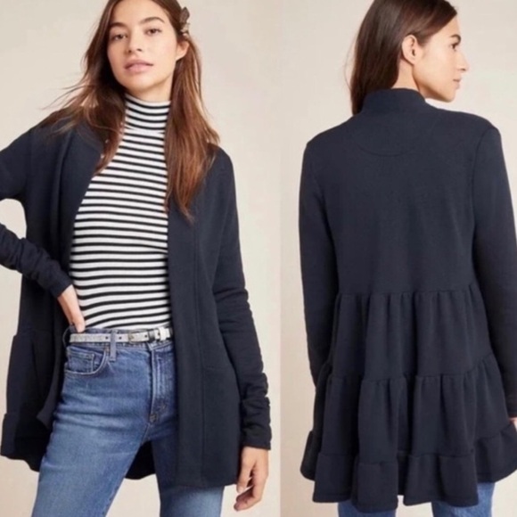 Anthropologie Black Lila Tiered Babydoll Ruffled Back Open Front Cardigan - Picture 1 of 5